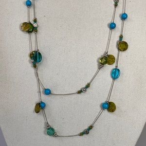 Long resort double strand dyed green shell blue bead necklace
